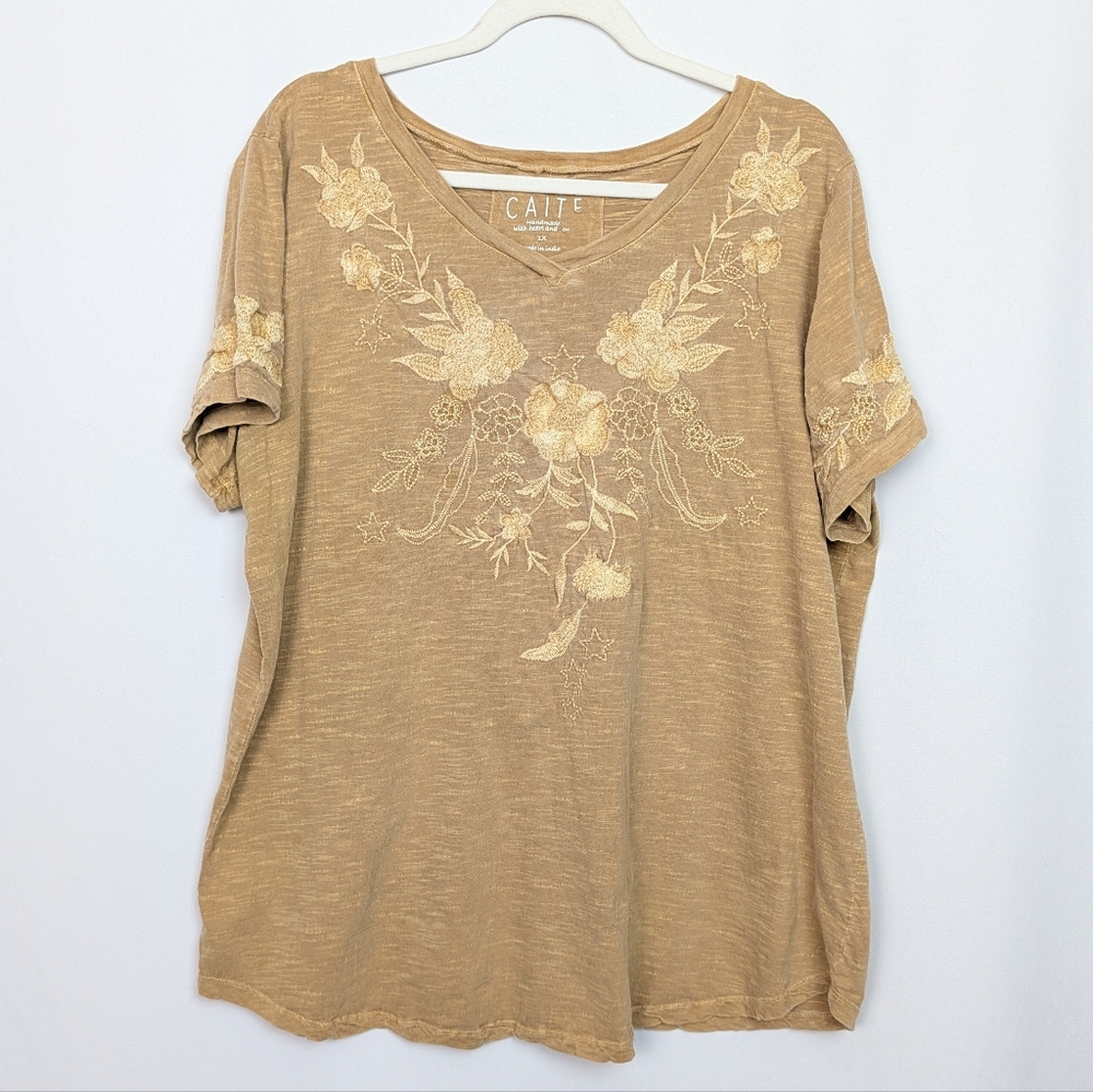 Cato Tan Floral Embroidered Top